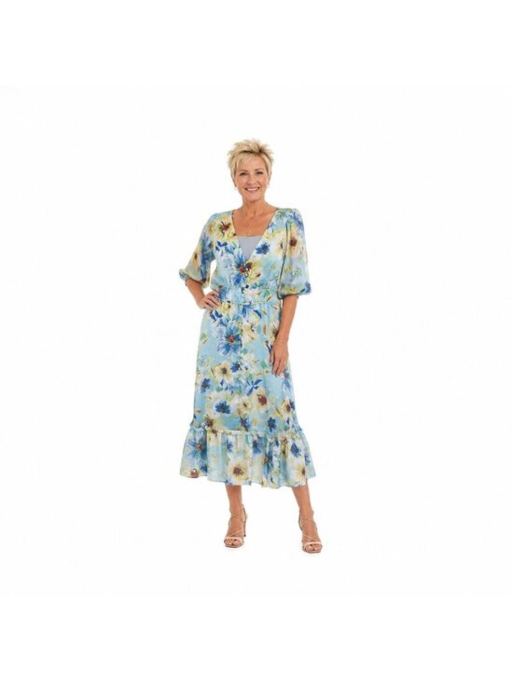 New Kensie Blue Floral Size 14 Midi Dress With Elastic Waist & Ruffled Hem